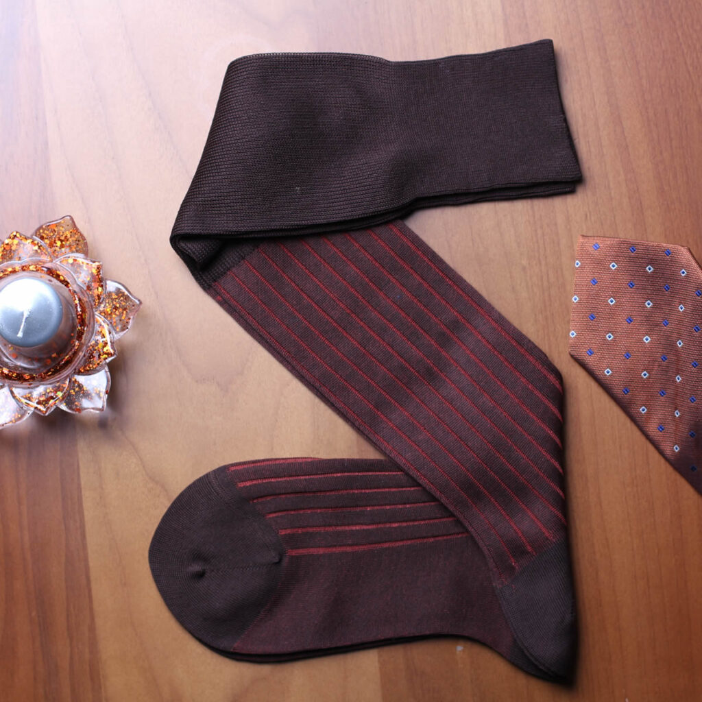 Mens Brown Cotton Socks Over The Calf Socks Shadow Stripe Gift