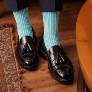 Mushroom and blue shadow striped cotton mens socks.