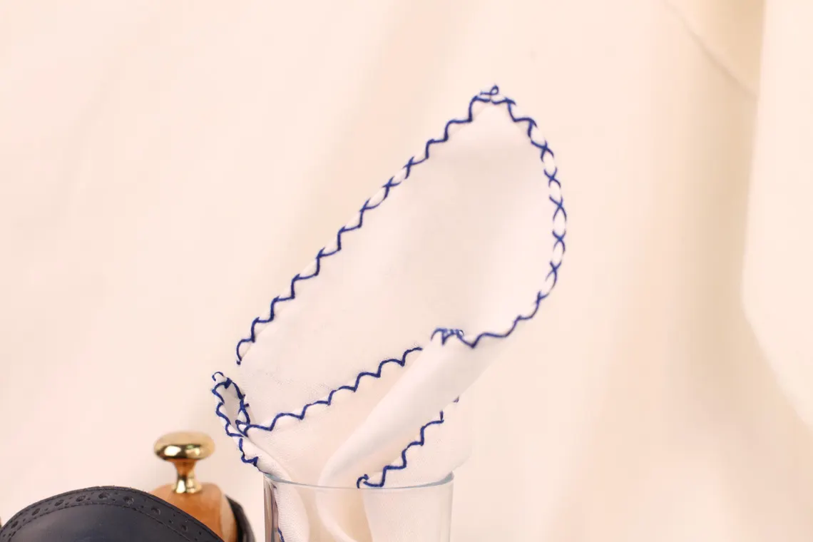 white linen blue stitch pocket square