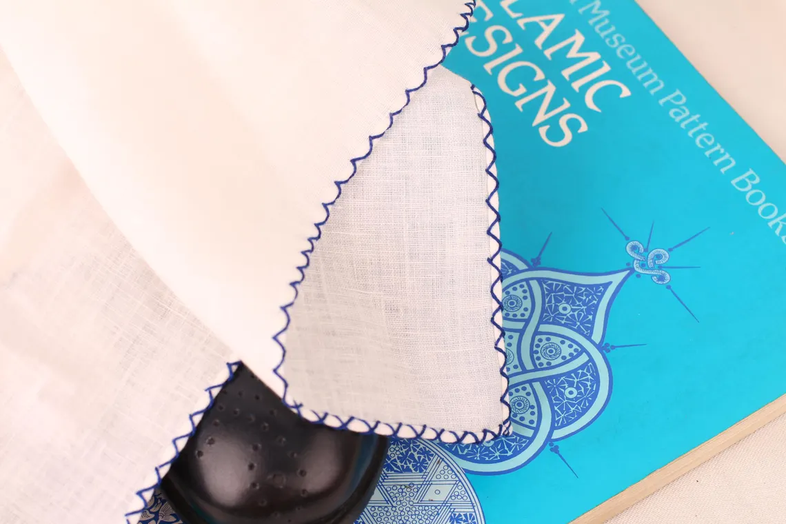 white linen blue stitch pocket square