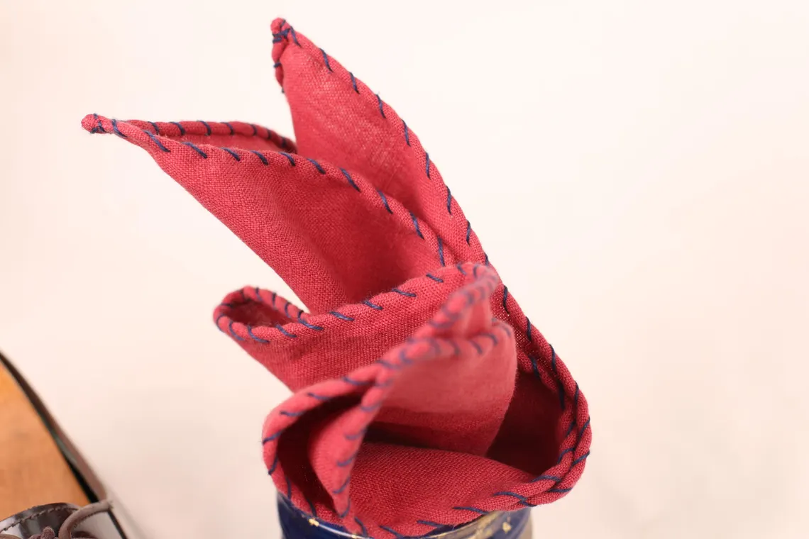 Blue - Stitch Red Linen Pocket Square - Image 10