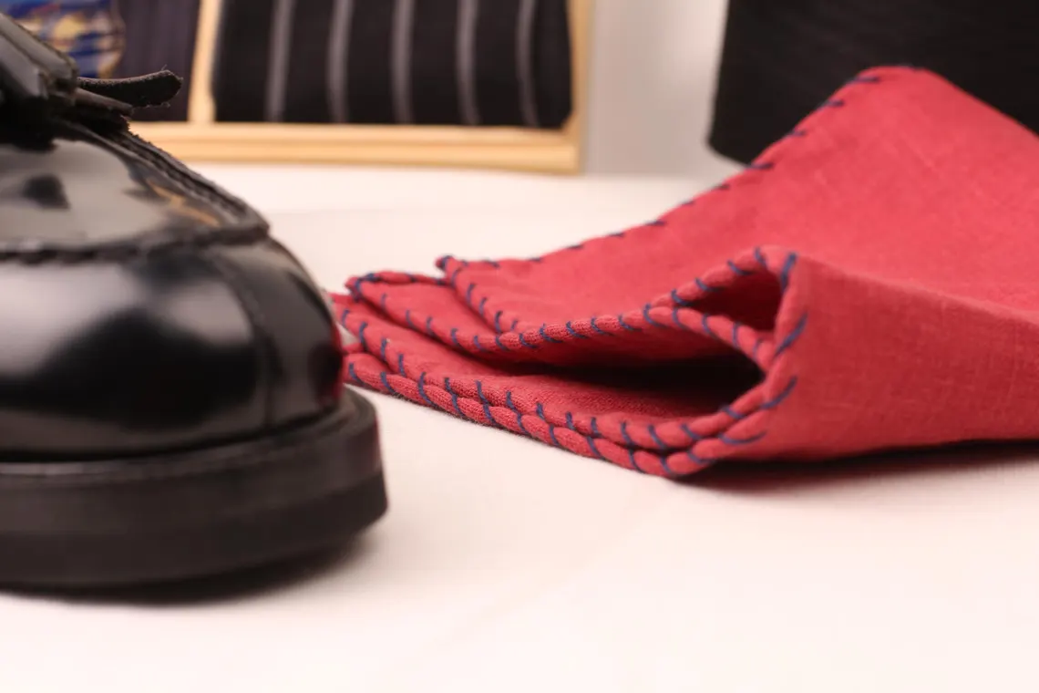 Blue - Stitch Red Linen Pocket Square - Image 2