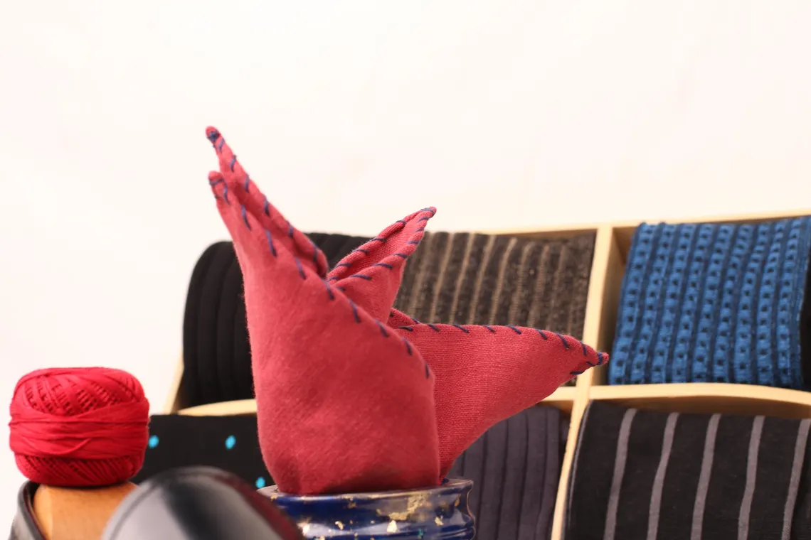 Blue - Stitch Red Linen Pocket Square - Image 3