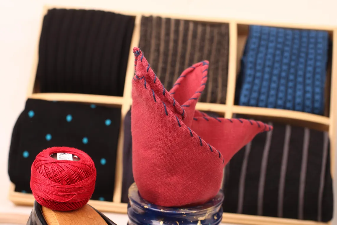 Blue - Stitch Red Linen Pocket Square