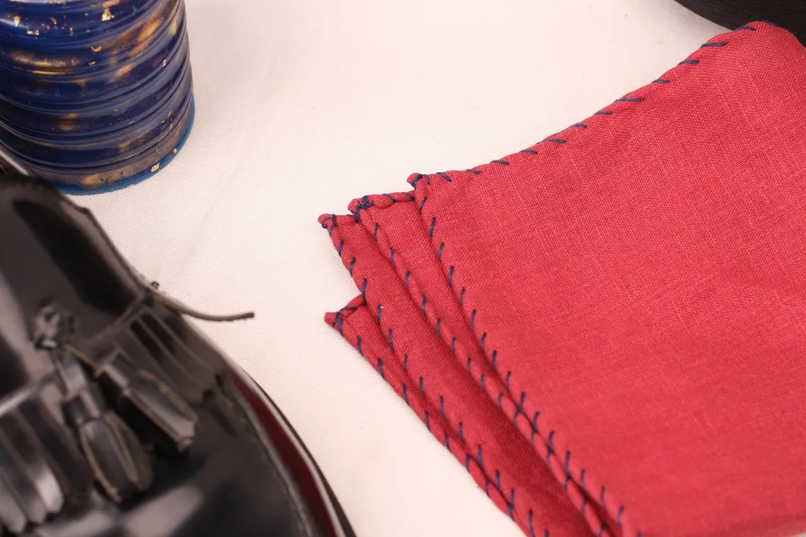 Blue - Stitch Red Linen Pocket Square - Image 5