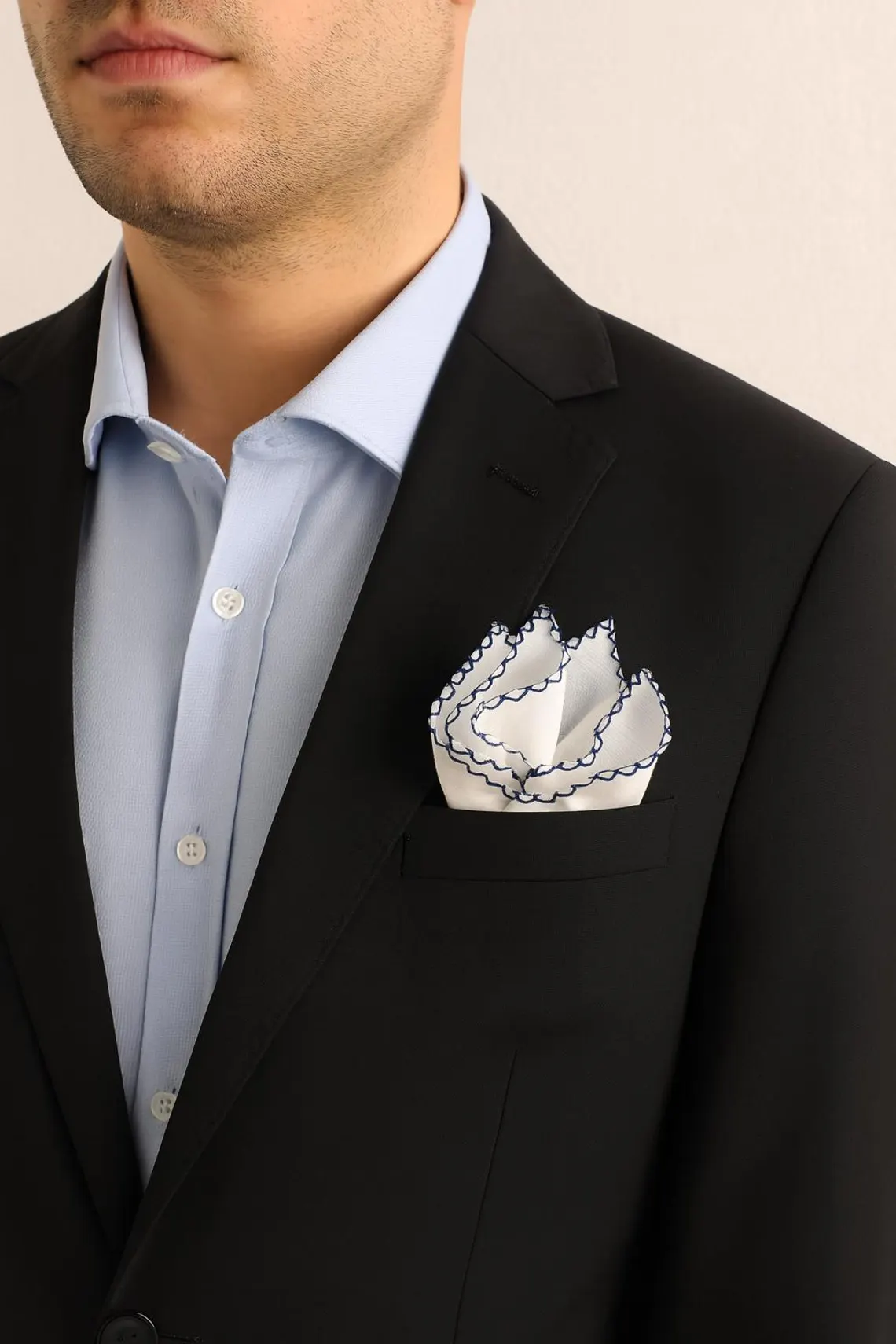 White - Stitch Blue Linen Pocket Square - Image 3