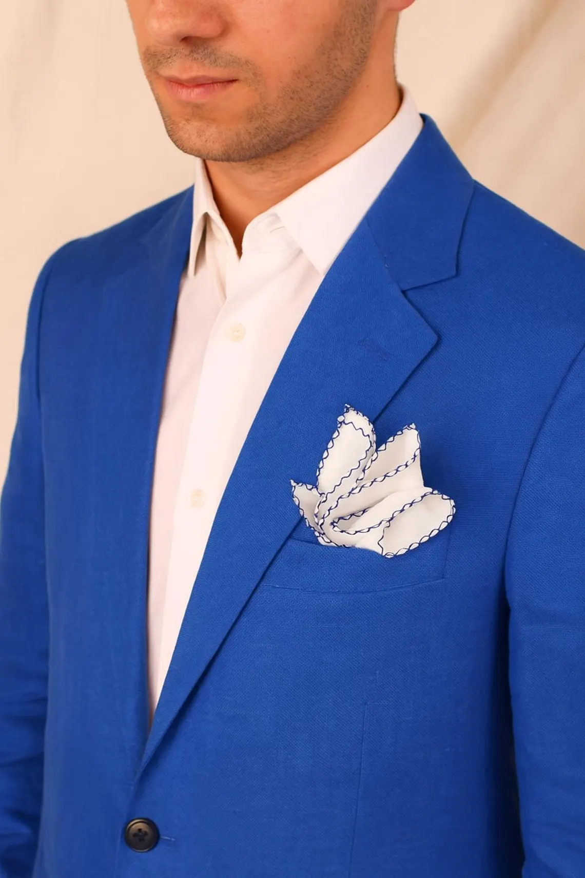 White - Stitch Blue Linen Pocket Square - Image 10