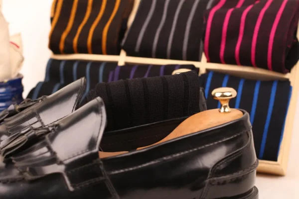 Black striped cotton over the calf socks