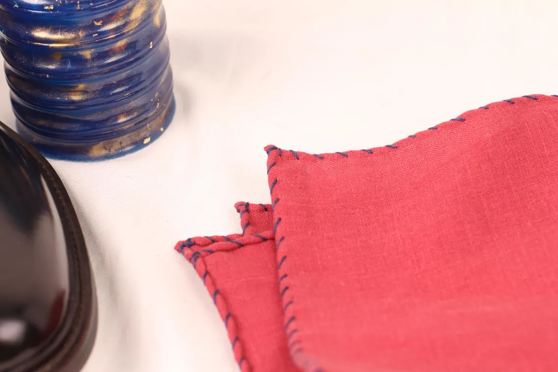 Blue - Stitch Red Linen Pocket Square - Image 6