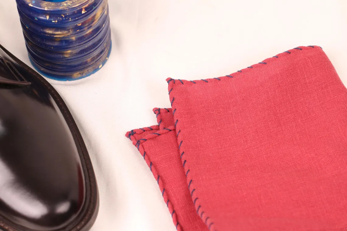 Blue - Stitch Red Linen Pocket Square - Image 7