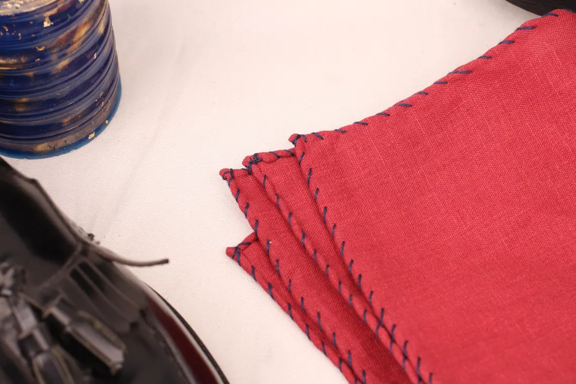 Blue - Stitch Red Linen Pocket Square - Image 8