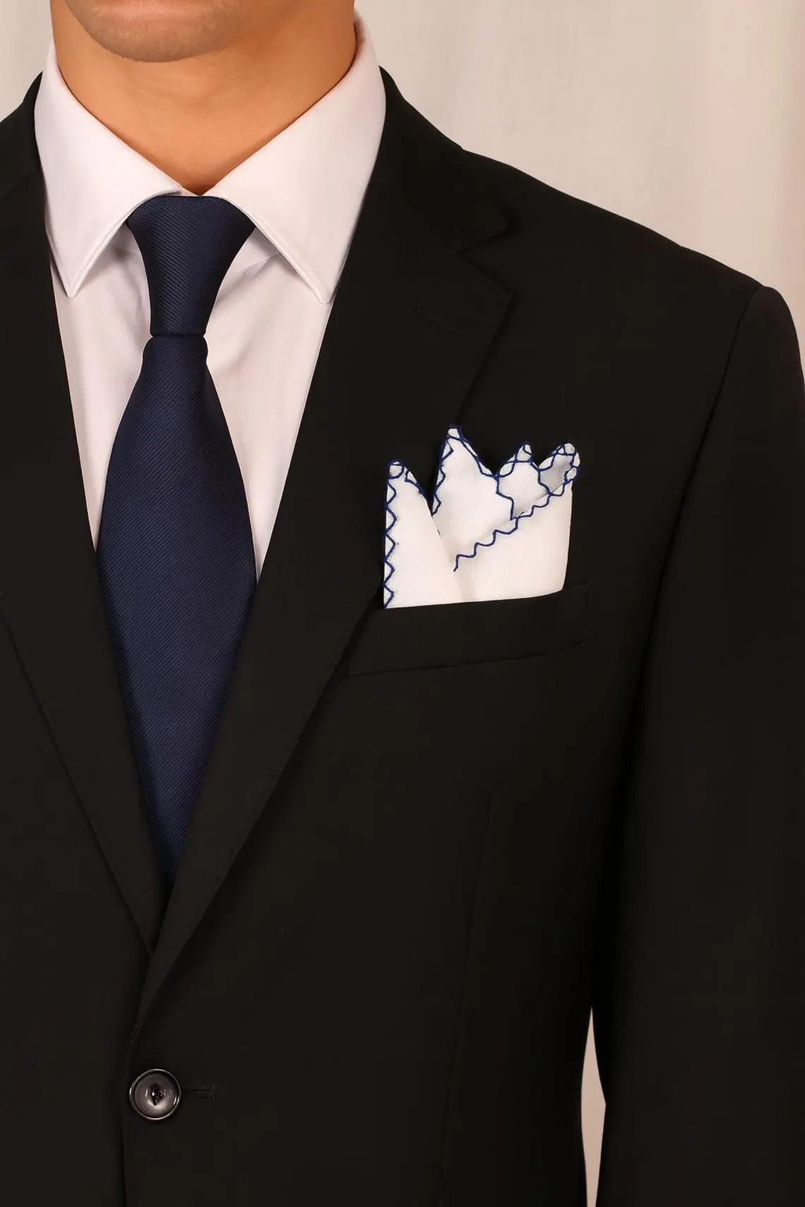 White - Stitch Blue Linen Pocket Square - Image 2