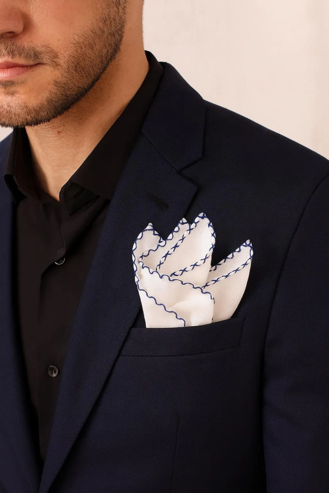 White - Stitch Blue Linen Pocket Square - Image 4