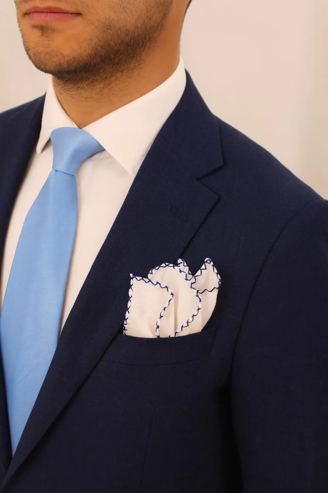 White - Stitch Blue Linen Pocket Square