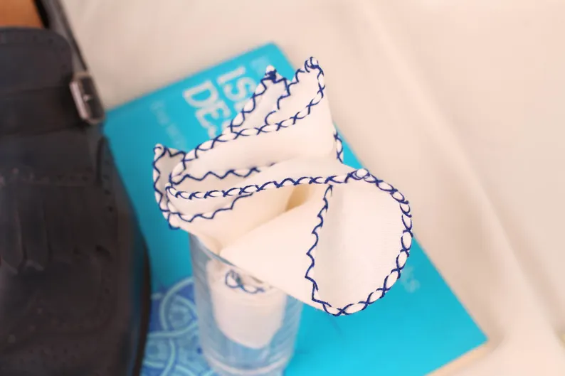 white linen blue stitch pocket square