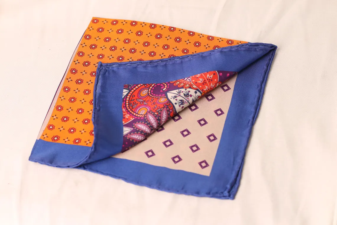 orange Four panel silk men's pocket square