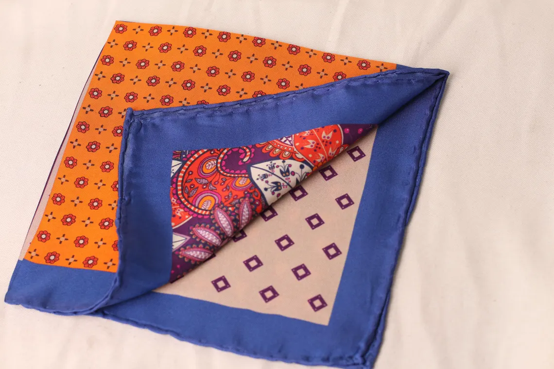 orange Four panel silk men's pocket square