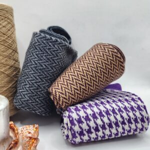 Three pairs of men's merino wool over the calf socks in charcoal gray, brown beige and purple white houndstooth EU 42-43.5