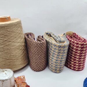 Three pairs of merino wool over the calf houndstooth socks brown beige, blue beige and burgundy beige EU 42-43.5